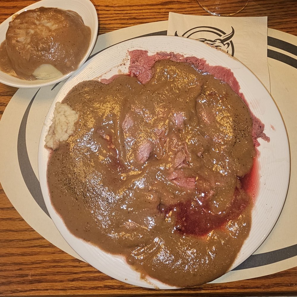 Beef'n Barrel - The roast beef dinner with a side of mashed potatoes amothered in beef gravy. - Steakhouses Near Me - Olean, New York Beef'n Barrel - The roast beef dinner with a side of mashed potatoes amothered in beef gravy. - Steakhouses Near Me - Olean, New York