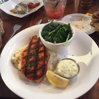FishBar - Blackened salmon with mashed potatoes and sautéed spinach. - Seafood Near Me - Manhattan Beach, California