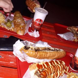Frank's Original Philly Cheesesteak & Dogs - Mushroom cheese steak :), deep friend Vienna dog on the bottom & above was the NY dog with Sauerkraut & another 2 cheese steak rolls :)
