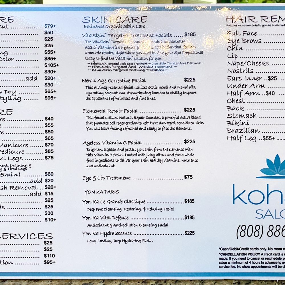 Menu of services Menu of services