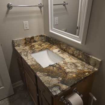 Granite Warehouse - Bathroom with extra granite from island. - Countertop Installation Near Me - Indianapolis, Indiana Granite Warehouse - Bathroom with extra granite from island. - Countertop Installation Near Me - Indianapolis, Indiana
