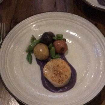 Mr Pollo - GIANT scallop with purple potato and coconut pure, snap peas and baby potatoes - New American Near Me - San Francisco, California Mr Pollo - GIANT scallop with purple potato and coconut pure, snap peas and baby potatoes - New American Near Me - San Francisco, California