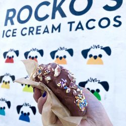 Rocko's Ice Cream Tacos - Regular size split taco (mint chip + cookies n cream) dipped in milk choco & sprinkles + almonds