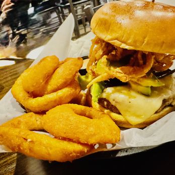 Bar Code Burgers - Green Chili Burger with Onion Rings - Burgers Near Me - Las Vegas, Nevada