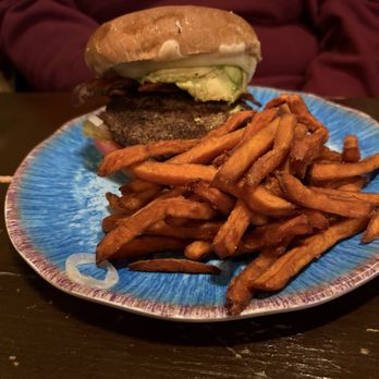 Hobbit Cafe - Bombur's Bacon Cheese Burger but added avocado w sweet potato fries. - Burgers Near Me - Houston, Texas