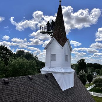 Rays Renovations - In the process of tearing off an 80ft church steeple! - Roofing Near Me - Washington, Illinois Rays Renovations - In the process of tearing off an 80ft church steeple! - Roofing Near Me - Washington, Illinois
