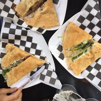 Jammin' Crepes - Left to right: oven-roasted tomato BLT; "southwest" sausage, egg & cheese (not recommend, soggy w dry sausage); green eggs & ham (yum) - Creperies Near Me - Princeton, New Jersey Jammin' Crepes - Left to right: oven-roasted tomato BLT; "southwest" sausage, egg & cheese (not recommend, soggy w dry sausage); green eggs & ham (yum) - Creperies Near Me - Princeton, New Jersey