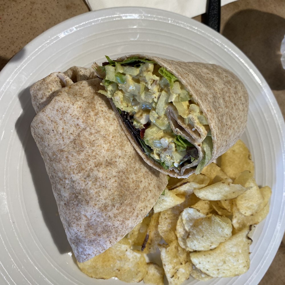 Marty's Cafe - Curry chicken salad wrap with a side of potato chips - Cafes Near Me - Washington, Connecticut