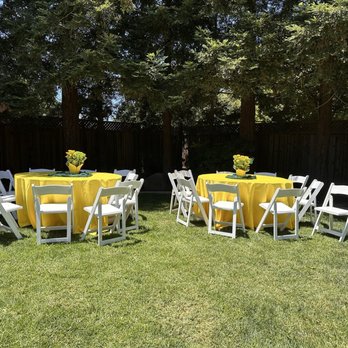 Party Rental Outlet - 60" round tables with white wooden chairs. - Party Equipment Rentals Near Me - Morgan Hill, California