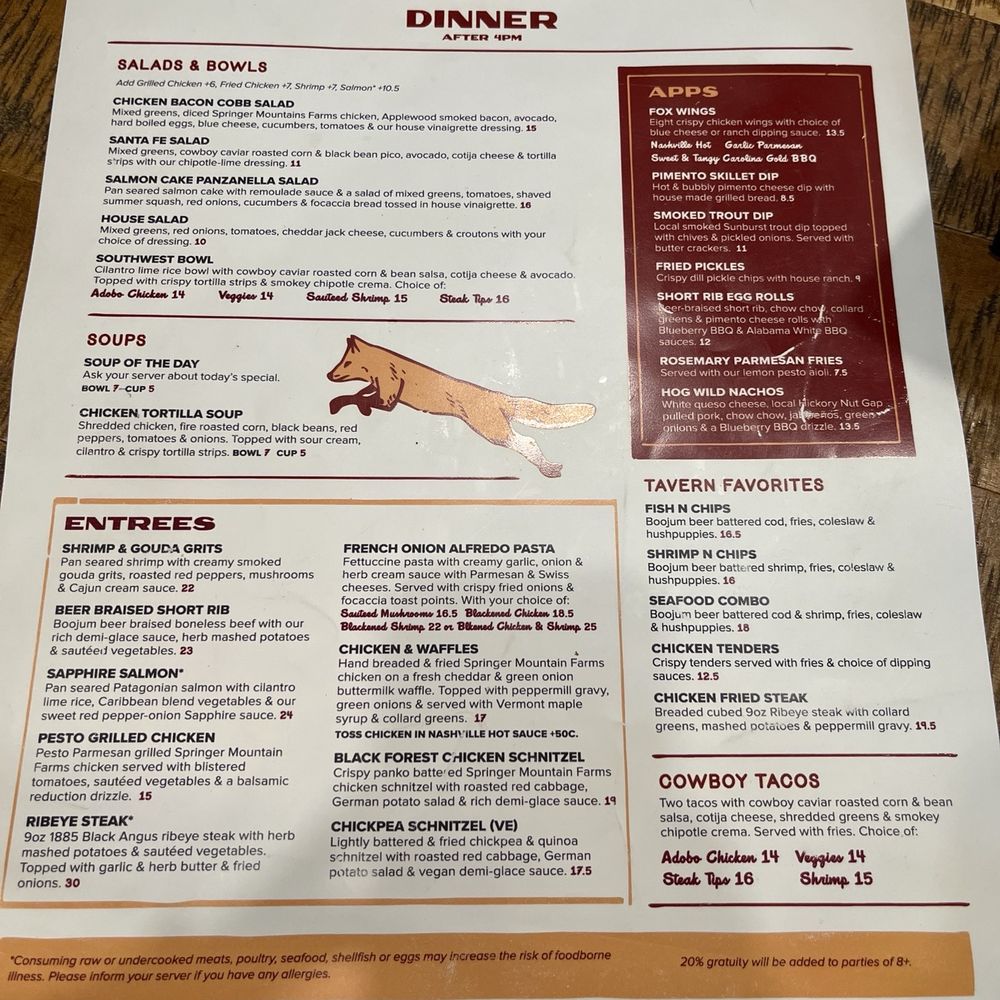 The Red Fox - Dinner Menu -- After 4pm - Salad Near Me - Waynesville, North Carolina The Red Fox - Dinner Menu -- After 4pm - Salad Near Me - Waynesville, North Carolina