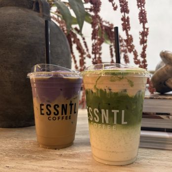 ESSNTL Coffee - Left: Ube Cream (latte) -They have a Vietnamese coffee option  Right: Strawberry Matcha (crème top) -They have a strawberry purée option - Coffee & Tea Near Me - San Diego, California