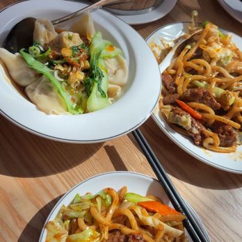 One More Bite Dumpling House - Beef udon noodles in blk pepper sauce (asked for it spicy ), pork wonton is spicy sauce, & Cantonese bbq pork buns - Shanghainese Near Me - San Marcos, California