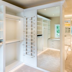 Kartak Glass & Closet - Custom Closet with Tie Racks, Mirror, and custom lighting in closet.