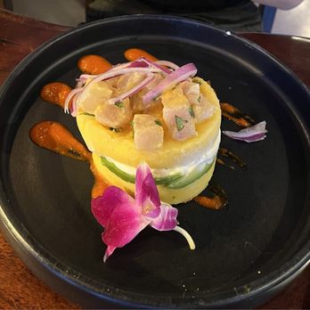 Villa Peru - Cause topped with ceviche - Peruvian Near Me - Tucson, Arizona Villa Peru - Cause topped with ceviche - Peruvian Near Me - Tucson, Arizona