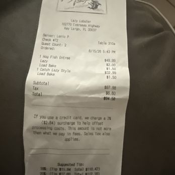 Lazy Lobster Seafood Restaurant - This is our receipt! - Seafood Near Me - Key Largo, Florida Lazy Lobster Seafood Restaurant - This is our receipt! - Seafood Near Me - Key Largo, Florida