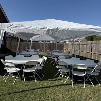 Exquisite Premier Events - 20 x 10 Tent Setup with 6 round tables and 72 plastic folding chairs in Burleson, TX - Party Equipment Rentals Near Me - Burleson, Texas Exquisite Premier Events - 20 x 10 Tent Setup with 6 round tables and 72 plastic folding chairs in Burleson, TX - Party Equipment Rentals Near Me - Burleson, Texas