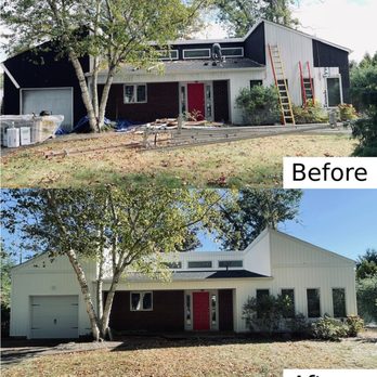 Selective Remodeling - Before-and-after siding replacement showing complete exterior transformation with modern vertical panels installed by Selecti... - General Contractors Near Me - Massapequa, New York