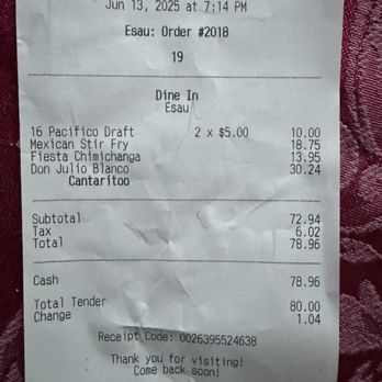 Don Pedro Mexican Restaurant - Receipt - Mexican Near Me - Charlotte, North Carolina