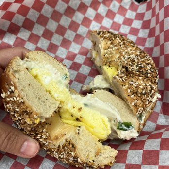 The Bagel Bakery - Everything bagel with egg and bacon-scallion cream cheese - Coffee & Tea Near Me - Hampstead, North Carolina