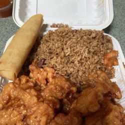 Lucky Star Restaurant - General Tso's with rice and spring roll.