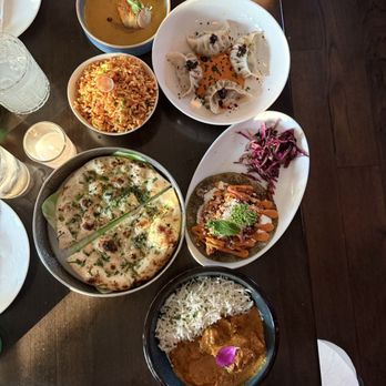 Daru - Scallop Moilee (1pc), Bison Momo, mango rice dish,  Chicken Tikka Taco, garlic naan,  Chicken Tikka Masala - Cocktail Bars Near Me - Washington, DC, District of Columbia