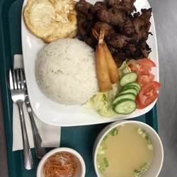 Shanghai Express - Charbroiled Pork Chop with White Rice, a Side of Salad, a Fried Egg, Soup, & Fried Shrimp Wraps