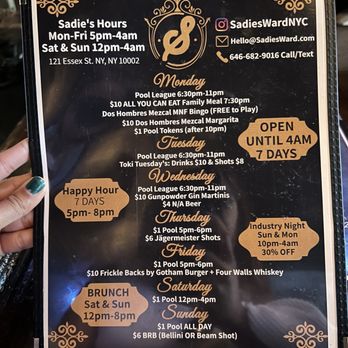 Sadie’s Ward - Weekly Specials - Pool Halls Near Me - New York, New York