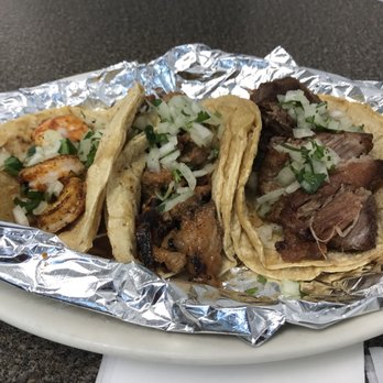 Las Americas - Tacos (left to right): Camarón (shrimp), Al Pastor (pork), and Carnitas - Mexican Near Me - Bedford Heights, Ohio Las Americas - Tacos (left to right): Camarón (shrimp), Al Pastor (pork), and Carnitas - Mexican Near Me - Bedford Heights, Ohio