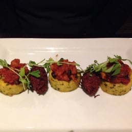 Smoked bean chilli, with polenta and beetroot bonbons