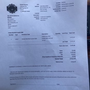 J&J Automotive - Invoice - Auto Repair Near Me - Willingboro, New Jersey