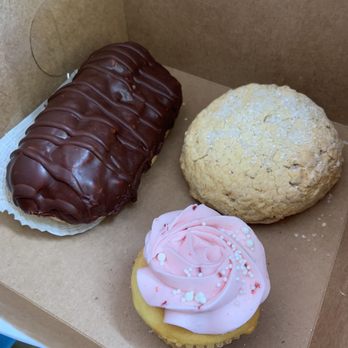 Beverly's Bakery - Eclair, vanilla scone & lemon Raspberry vanilla cupcake 11.19.23 - Bakeries Near Me - Fullerton, California