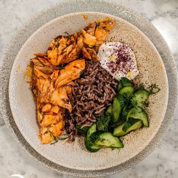 K'Far Cafe - Mujadara: slow roasted salmon, sumac, labneh, cucumbers, with rice and lentils. - Cafes Near Me - Philadelphia, Pennsylvania K'Far Cafe - Mujadara: slow roasted salmon, sumac, labneh, cucumbers, with rice and lentils. - Cafes Near Me - Philadelphia, Pennsylvania