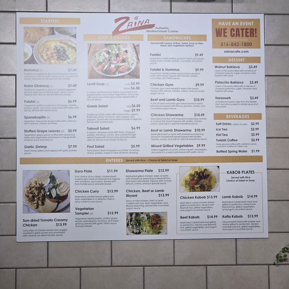 Zaina - Posted menu on the wall - Mediterranean Near Me - Kansas City, Missouri Zaina - Posted menu on the wall - Mediterranean Near Me - Kansas City, Missouri