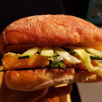 Buster's on 28th - Vegan banh mi ($10). More like a fried tofu ciabatta sandwich, but still tasty w/a nice peanut sauce. - Gastropubs Near Me - Minneapolis, Minnesota Buster's on 28th - Vegan banh mi ($10). More like a fried tofu ciabatta sandwich, but still tasty w/a nice peanut sauce. - Gastropubs Near Me - Minneapolis, Minnesota
