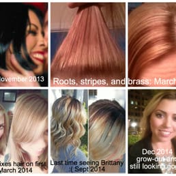Top (befores) when I tried to go black to blonde. Bottom (afters), when Brittany B. fixed my hair! :D Read my review for story.
