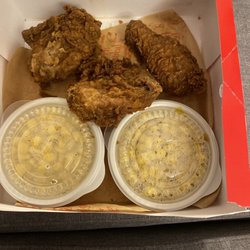 KFC - 3pc original that's missing a biscuit, macaroni and potatoes. I got no biscuits and two corns