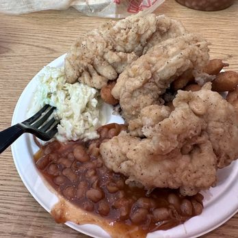 Smithfield's Chicken 'N Bar-B-Q - Chicken Tender Plate includes 3 huge tenders, BBQ, hush puppies, coleslaw and baked beans. BBQ was hidden under tenders. - Barbeque Near Me - Greensboro, North Carolina Smithfield's Chicken 'N Bar-B-Q - Chicken Tender Plate includes 3 huge tenders, BBQ, hush puppies, coleslaw and baked beans. BBQ was hidden under tenders. - Barbeque Near Me - Greensboro, North Carolina