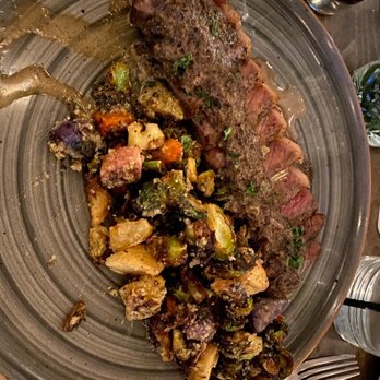 Black Walnut  - Cast Iron Strip, Peruvian potatoes and crispy sprouts - New American Near Me - Oklahoma City, Oklahoma