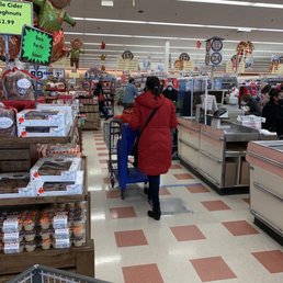 a woman pushing a shopping cart in a grocery store