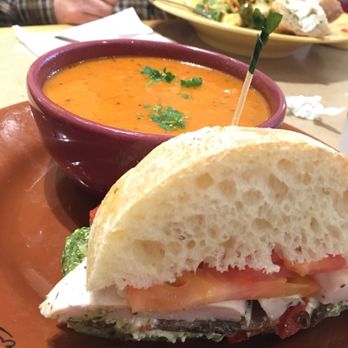 Wildflower - Roasted Red Pepper and Smoked Gouda Soup with half a Chicken Pesto and Feta sandwich. Yummy!!! - New American Near Me - Goodyear, Arizona Wildflower - Roasted Red Pepper and Smoked Gouda Soup with half a Chicken Pesto and Feta sandwich. Yummy!!! - New American Near Me - Goodyear, Arizona