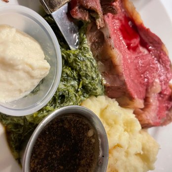 Brass Door - Prime Rib of Beef (9 oz.) au jus, baked potato, creamed spinach - American Near Me - San Ramon, California Brass Door - Prime Rib of Beef (9 oz.) au jus, baked potato, creamed spinach - American Near Me - San Ramon, California