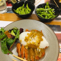 Chicken katsu curry and edamame Chicken katsu curry and edamame