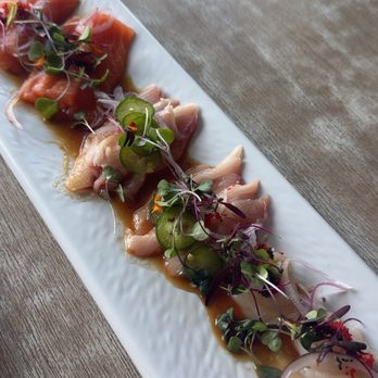 Zeppin Sushi - Carpaccio: (Left to Right) Salmon, Yellowtail, Japanese Scallops - Japanese Near Me - Eastvale, California Zeppin Sushi - Carpaccio: (Left to Right) Salmon, Yellowtail, Japanese Scallops - Japanese Near Me - Eastvale, California