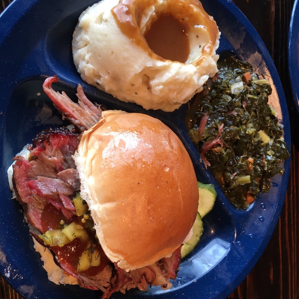 Dinosaur Bar-B-Que - Barbecue brisket with collard greens, mashed potatoes and gravy - Barbeque Near Me - Troy, New York Dinosaur Bar-B-Que - Barbecue brisket with collard greens, mashed potatoes and gravy - Barbeque Near Me - Troy, New York