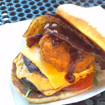 Street Thyme - Today's Special Burger - Fried Mac & Cheese Double Burger with Applewood Smoked Bacon and BBQ Sauce - Burgers Near Me Street Thyme - Today's Special Burger - Fried Mac & Cheese Double Burger with Applewood Smoked Bacon and BBQ Sauce - Burgers Near Me