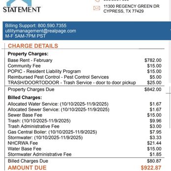 Regency Park Apartments - Money grab on utilities!  Water and trash have more separate charges than I've ever seen in my life. - Apartments Near Me - Cypress, Texas