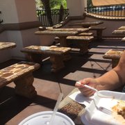 Photo of Campos Famous Burritos - Simi Valley, CA, United States. Nice outdoor shady patio with tables spaced apart from each other.