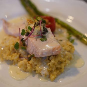 Cafe Soleil - Poached salmon with white wine sauce over a bed of risotto - Breakfast & Brunch Near Me - El Sobrante, California