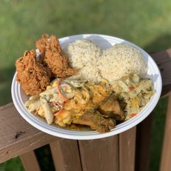 Hill-Top Cuisine Jamaican Restaurant - White Rice with Country Fry Chicken Wings, pasta Salad, Mac&5Cheese, Curry Chicken and Cabbage