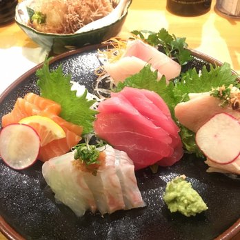 Jinbei - 5 sashimi sampler and agedashi tofu in back - Japanese Near Me - Irvine, California Jinbei - 5 sashimi sampler and agedashi tofu in back - Japanese Near Me - Irvine, California